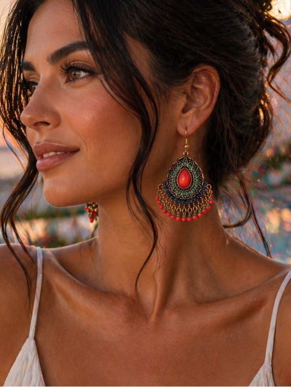 Boho Luxe Statement Earrings Red Turquoise Gold Festival Resort Chic - Picture 5 of 5